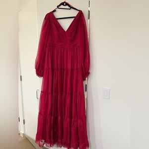 Mac Duggal Berry Tiered Ruffle Long Sleeve Organza Gown